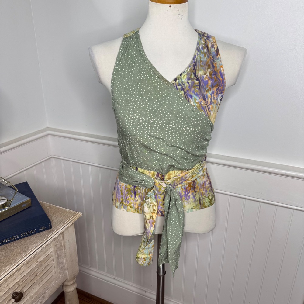 Go Fish Mixed Print Wrap Halter Top XS Green Polka Dot Floral Smocked Boho